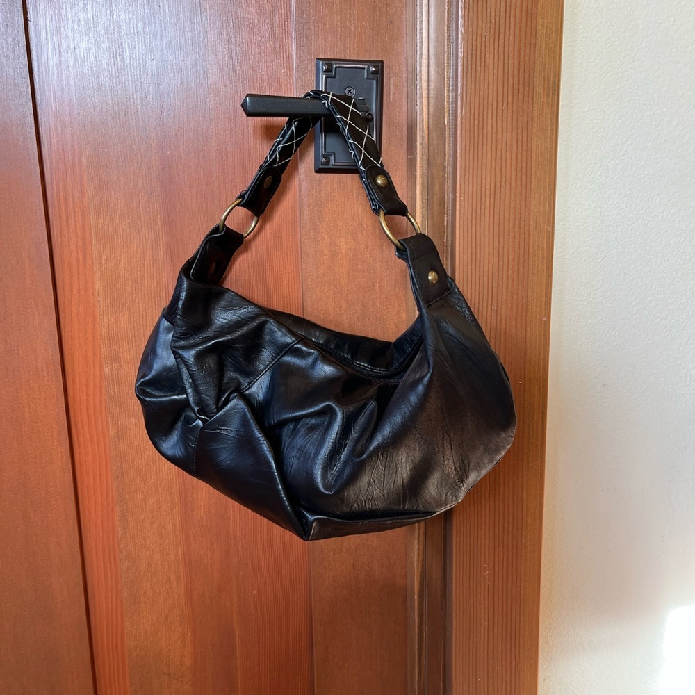 BCBGMaxAzria NWOT Black Faux Leather Zip Shoulder Bag.